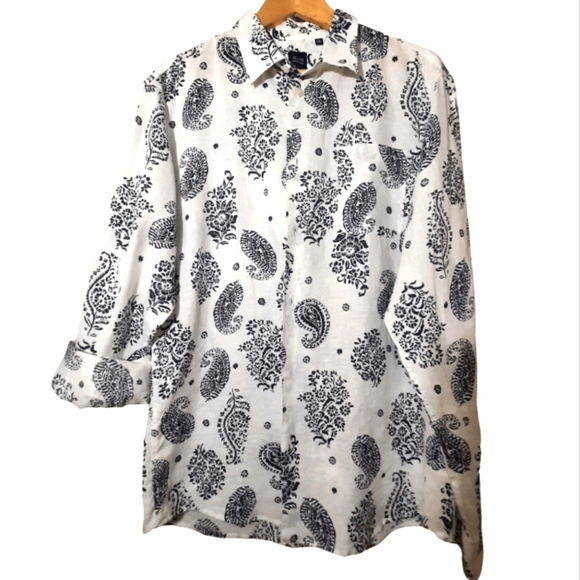 SAKS FIFTH AVENUE  BLUE 100% LINEN slim fit button front shirt Size L Paisley - Picture 4 of 16